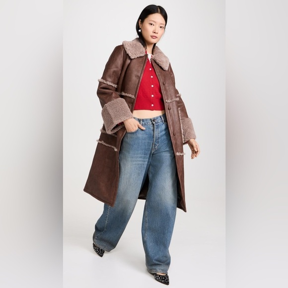 ILLUSION BY SHERRY CASSIN | Faux Fur Trimmed Shearling Sheepskin Long Coat - Picture 1 of 16